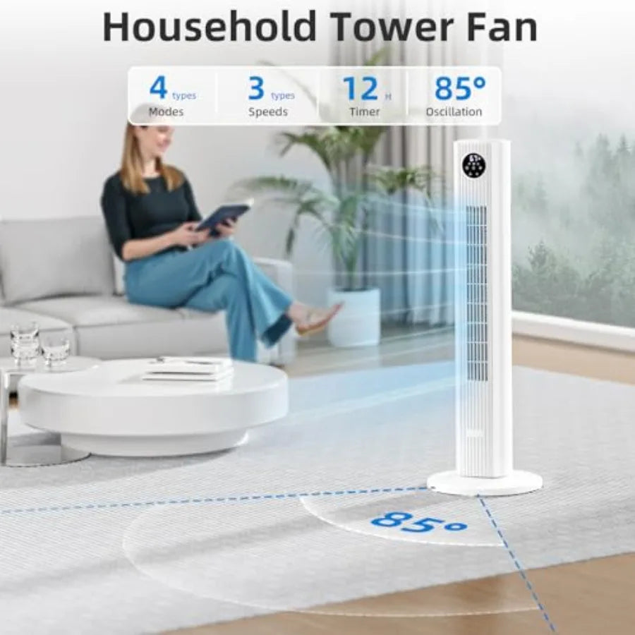 Tower fan bladeless design with wide 90 degree oscillation