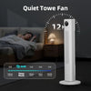 Tower fan shown in a bedroom setting for quiet nighttime use