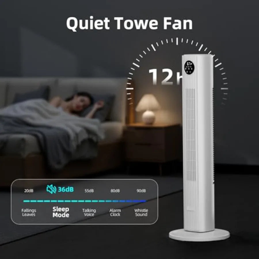 Tower fan shown in a bedroom setting for quiet nighttime use